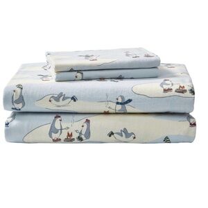 Eddie Bauer Skating Penguins 4-Piece Light Blue Graphic Flannel Full SheetSetNWT